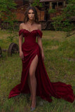Modest Mermaid Off The Shoulder Burgundy Satin 20th Birthday Dress Slit Prom Dress 18th Birthday Outfits Holiday Outfit HZ1214