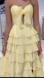 Classy A line Sweetheart Chiffon Slit Light Yellow Long Prom Dresses Formal Summer Wedding Guest Dresses Wedding Guest Outfit HZ1214