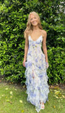 Elegant Sheath Spaghetti Straps Floral Blue Slit Prom Dresses Formal Summer Wedding Guest Dresses Wedding Guest Outfit HZ1214