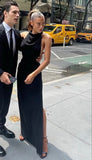 Elegant Sheath High Neck Black Slit Long Prom Dresses Formal Summer Wedding Guest Dresses Wedding Guest Outfit HZ1214