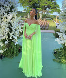 Classy A line Off The Shoulder Green Chiffon Long Prom Dresses Formal Summer Wedding Guest Dresses Wedding Guest Outfit HZ1214
