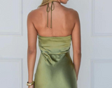 Modest Sheath Halter Neck Green Satin 20th Birthday Dress Prom Dress 21st Birthday Outfits For Women HZ1214