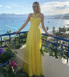 Elegant A line Halter Yellow Chiffon Long Prom Dresses Formal Summer Wedding Guest Dresses Wedding Guest Outfit HZ1214