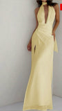 Elegant A line V Neck Yellow Chiffon Long Slit Prom Dresses Formal Summer Wedding Guest Dresses Wedding Guest Outfit HZ1214