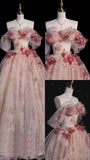 Pretty Ball Gown Off The Shoulder Blush Pink Tulle Long Quinceanera Dress Formal Short Sleeves Flowers Vestido De 15 Anos HZ1214