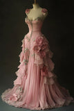 Pretty Ball Gown Pink Spaghetti Straps Tulle Long Quinceanera Dress Formal Short Sleeves Flowers Vestido De 15 Anos HZ1214