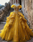 Pretty Ball Gown Off The Shoulder Yellow Beaded Tulle Long Quinceanera Dress Formal Short Sleeves Flowers Vestido De 15 Anos HZ1214