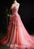 Pretty Ball Gown Sweetheart Pink Tulle Long Quinceanera Dress Formal Short Sleeves Flowers Vestido De 15 Anos Sweet 16 Dress HZ1214
