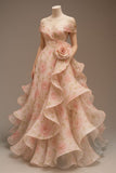 Pretty Ball Gown Off The Shoulder Pink Floral Long Quinceanera Dress Formal Short Sleeves Flowers Vestido De 15 Anos Sweet 16 Dress HZ1214