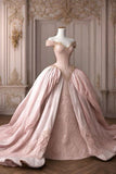 Pretty Ball Gown Off The Shoulder Pink Lace Long Quinceanera Dress Formal Short Sleeves Flowers Vestido De 15 Anos Sweet 16 Dress HZ1214