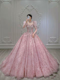 Pretty Ball Gown Sweetheart Tulle Pink Beaded Long Quinceanera Dress Formal Short Sleeves Flowers Vestido De 15 Anos Sweet 16 Dress HZ1214