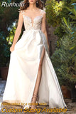 High Slit Wedding Dress Lace Appliques Cap Sleeves Vestido De Novia Backless Elegant Bridal Gown For Bride Robe De Mariée