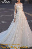 Long Sleeve Wedding Dress A-Line 2023 Boat Neck Lace Appliques Sweep Train Chiffon Long Civil Bridal Gown With Button