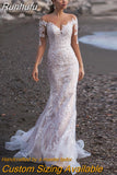 Long Sleeves Mermaid Tulle Wedding Dress Elegant V-Neck Lace Appliques Illusion Back With Button Bridal Gown Custom Made