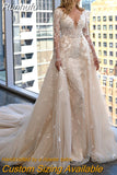 Detachable 2 In 1 Wedding Dress Pearls Mermaid Embroidered Lace On Net With V-neck Full Sleeve Button Gowns Robe De Marie