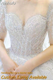 Shining Beading Handmade Wedding Dress With Sweep Train Illusion O Neck Short Sleeve Ball Gown Plus Size Vestido De Noiva