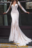 Gorgeous Long Sleeve Lace Mermaid Wedding Dress Illusion Tulle Bridal Gown With Button Back Sheer O-Neck Sweep Train
