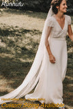 Chiffon Backless Wedding Dress For Women Simple White Bohemian Short Cap Sleeves A Line Beach Bridal Gowns vestido de novia