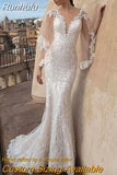 Flare Sleeves V-Neck Wedding Dress For Bride 2023 Sexy Lace Appliques Bride Gown Illusion Button Vestidos De Noiva