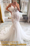 Spaghetti Straps Wedding Dresses V-Neck Mermaid Sleeveless Backless Bride Gown Lace Appliques Zipper Vestidos De Noiva