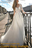 NICEB Illusion Lace Long Sleeves Wedding Dress Appliques Buttons Back Vestidos De Noiva Mariage Tulle A Line Custom Made