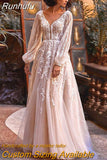 NICEB Boho Vintage Wedding Dress Lantern Sleeves Lace Backless Bride Gown Illusion O-Neck Tulle Vestido De Fiesta De Boda