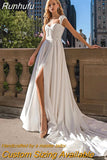 Cap Sleeve Slit Wedding Dress For Bride Satin Sweep Train Simple Bridal Party Gown Robe De Mariée Elegant Custom Made