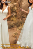 In 1 Wedding Jumpsuit With Detachable Skirt Two Pieces Bridal Dresses Pants Suit For Women Lace Tulle V-Neck Sweep Train