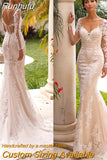 Lace Appliqué Mermaid Wedding Dresses For Women Long Sleeve V-Neck Sexy Open Back Sweep Train Bridal Gown Vestidos De Noiva