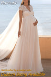 V-neck Cap Sleeve Pregnant Wedding Dresses Bohemian Sexy Empire Waist Open Back A Line Floor Length Tulle Bridal Gowns