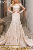 Mermaid Wedding Dresses Embroidered Lace On Net Bridal Gown Boat Neck Full Sleeve Back Button Appliques Vestido De Novia
