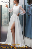 NICEB Modern Satin Wedding Dress with Illusion Long Sleeves O-neck Dubai Sexy Side Slit Bridal Gowns vestido de novia