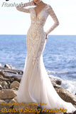 Beach Mermaid Wedding Dress Long Sleeve V-Neck Lace Appliques Sexy Open Back Tulle Bride Gown Train Vestidos De Noiva