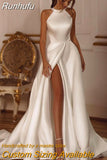 White A-Line Wedding Dresses Halter Neck High Split Backless Bridal Gowns Boho Beach Sweep Train Wedding Gowns Custom Size