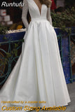 NICEB Deep V Neck Shiny Wedding Dresses With Pockets Satin Sweep Train Wedding Gown Glitter Long Sleeve 2023 Bridal Party
