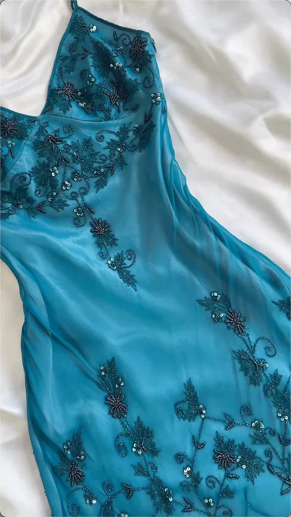Vintage-Inspired Prom Dresses Under $180??Gothic Spaghetti Straps Blue Satin Chiffon Sheath Evening Dress with Beading HZ1108